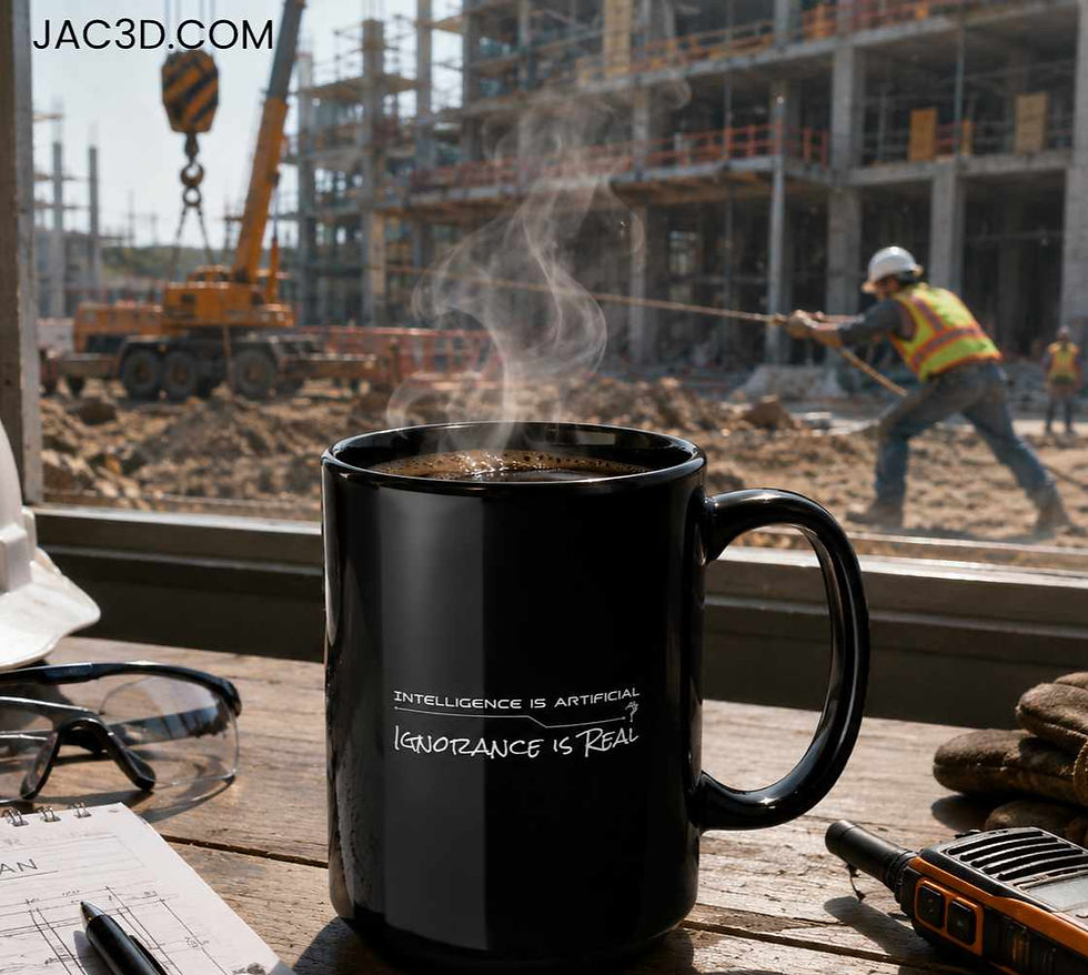 Black ceramic mug with saying "Intelligence is Artificial, Ignorance is Real" in work setting