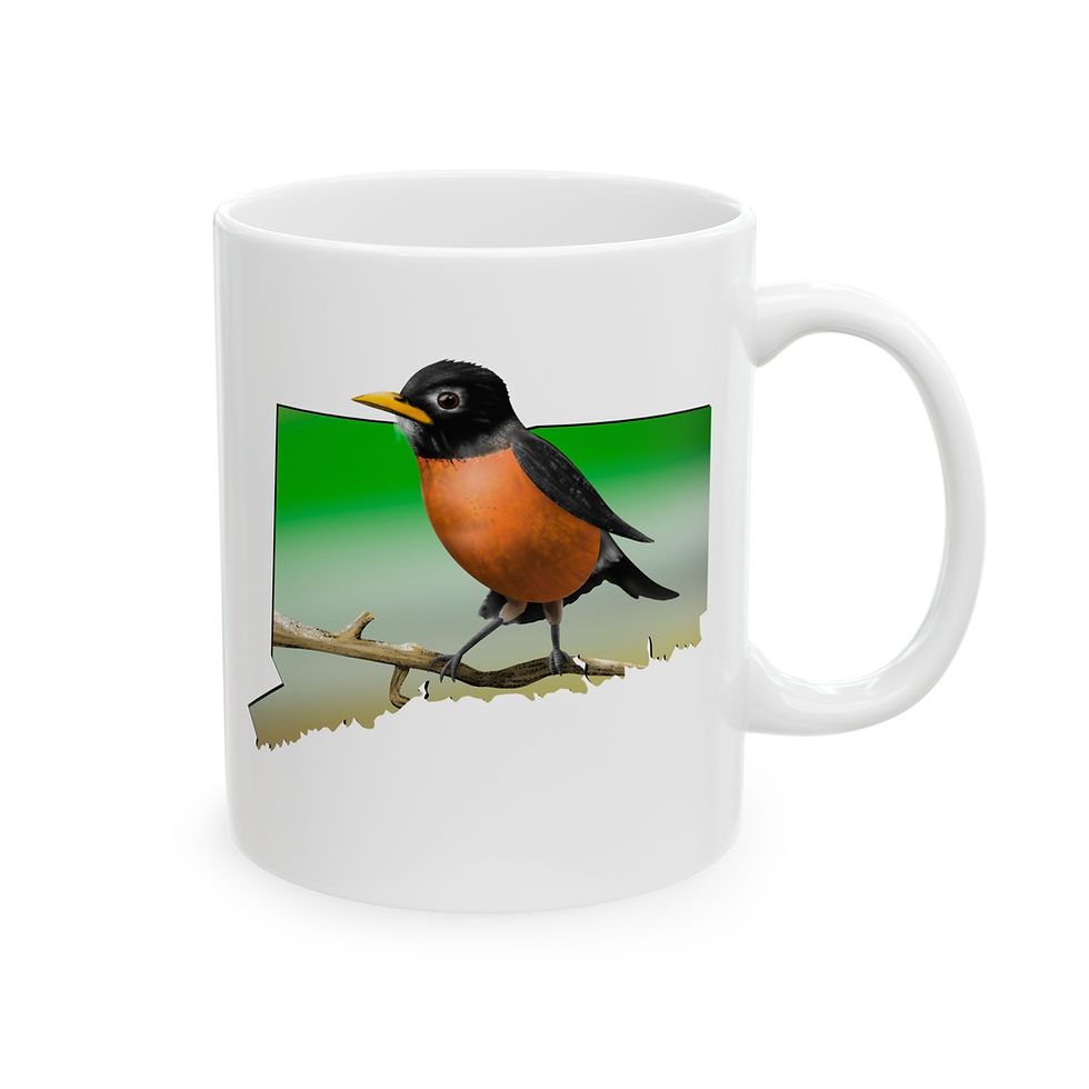 Thumbnail: White ceramic mug with an American Robin perched on a branch,  inside the outline of the state of Connecticut right view