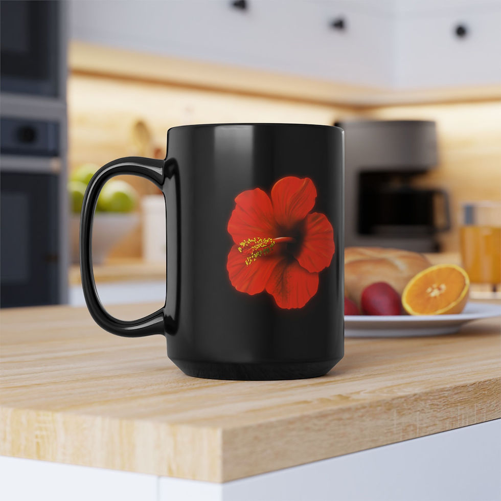 Thumbnail: Black ceramic mug featuring a vibrant red hibiscus flower graphic. in kitchen setting