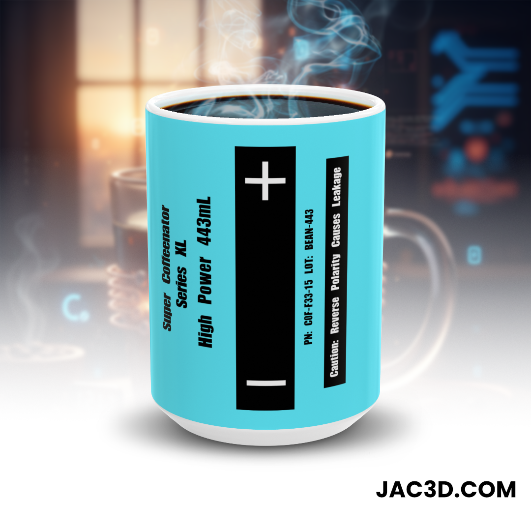Blue ceramic mug styled like a supercapacitor with polarity stripe and humorous technical labels.