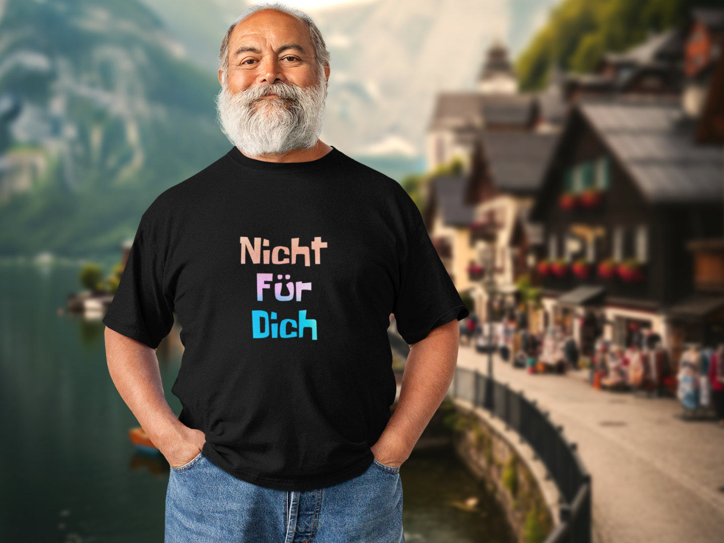 T-shirt with the German phrase ‘Nicht Für Dich’ printed in a playful cartoon-style font in alpine village