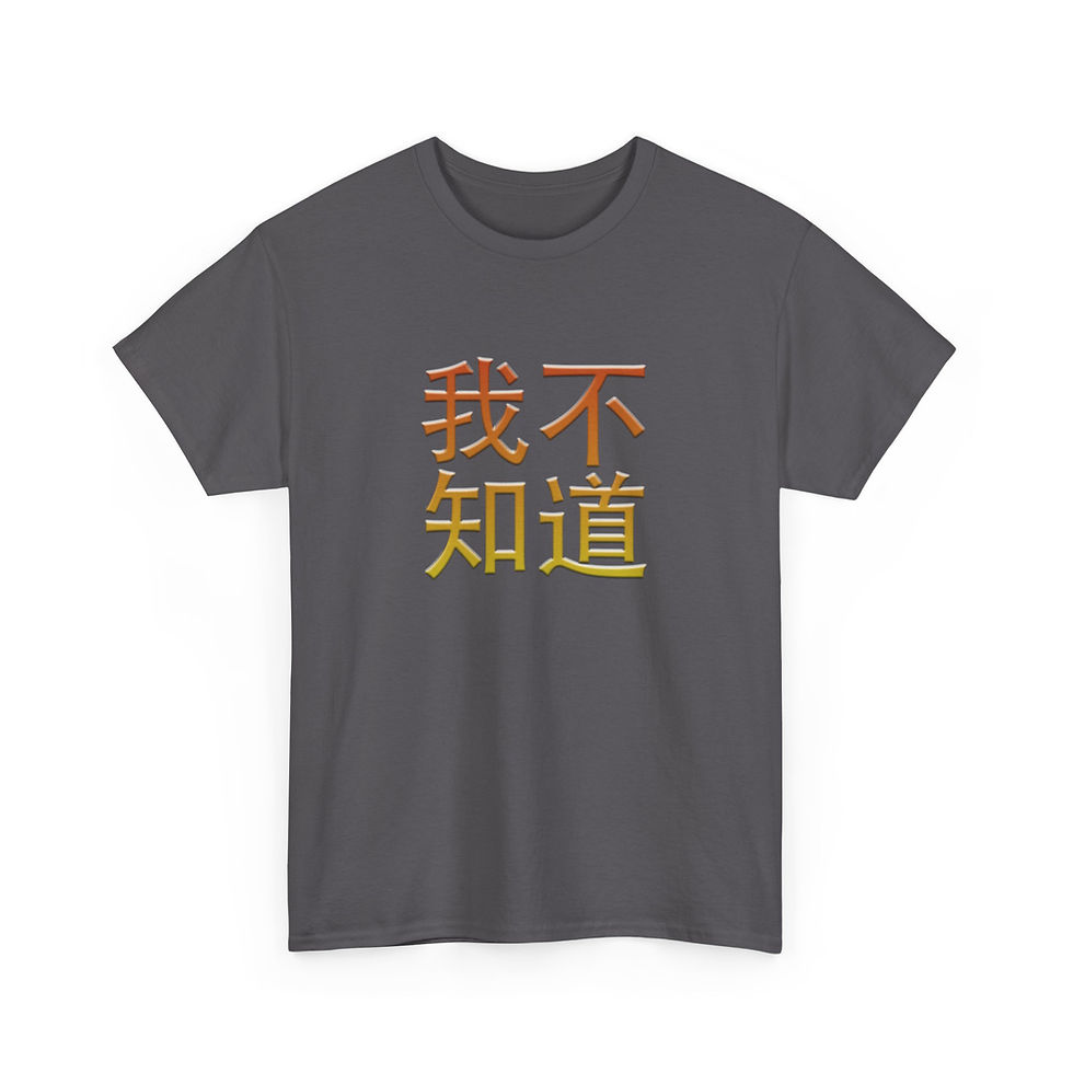 Thumbnail: gray t-shirt with Chinese characters 我不知道 in a red-to-yellow gradient meaning I don’t know”