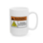 Thumbnail: White coffee mug with ‘Approaching Thermal Equilibrium’ warning label on an office desk.Right view view