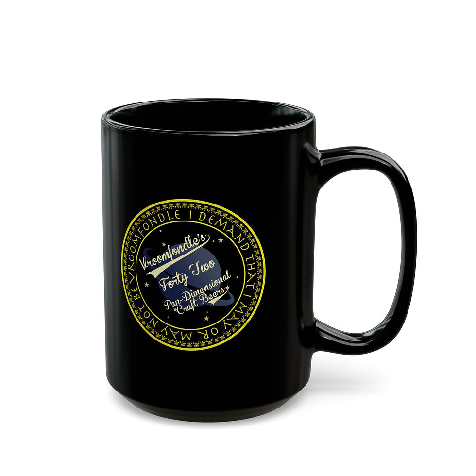 Thumbnail: Black ceramic coffee mug displaying a whimsical graphic labeled “Vroomfondle’s 42 Pan-Dimensional Craft Beers.” right view