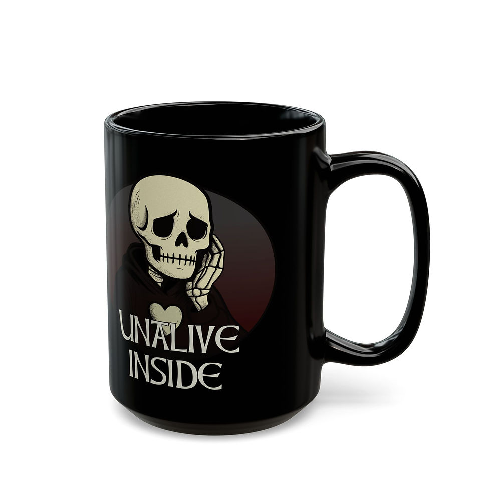 Thumbnail: Black ceramic mug featuring a sad cartoon skeleton in a hoodie with the caption “Unalive Inside," right view