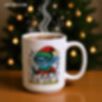 Blue mischievous elf with glasses and lightning bolts, “ELFGPT Chaos Maximus” design on holiday mug holiday setting