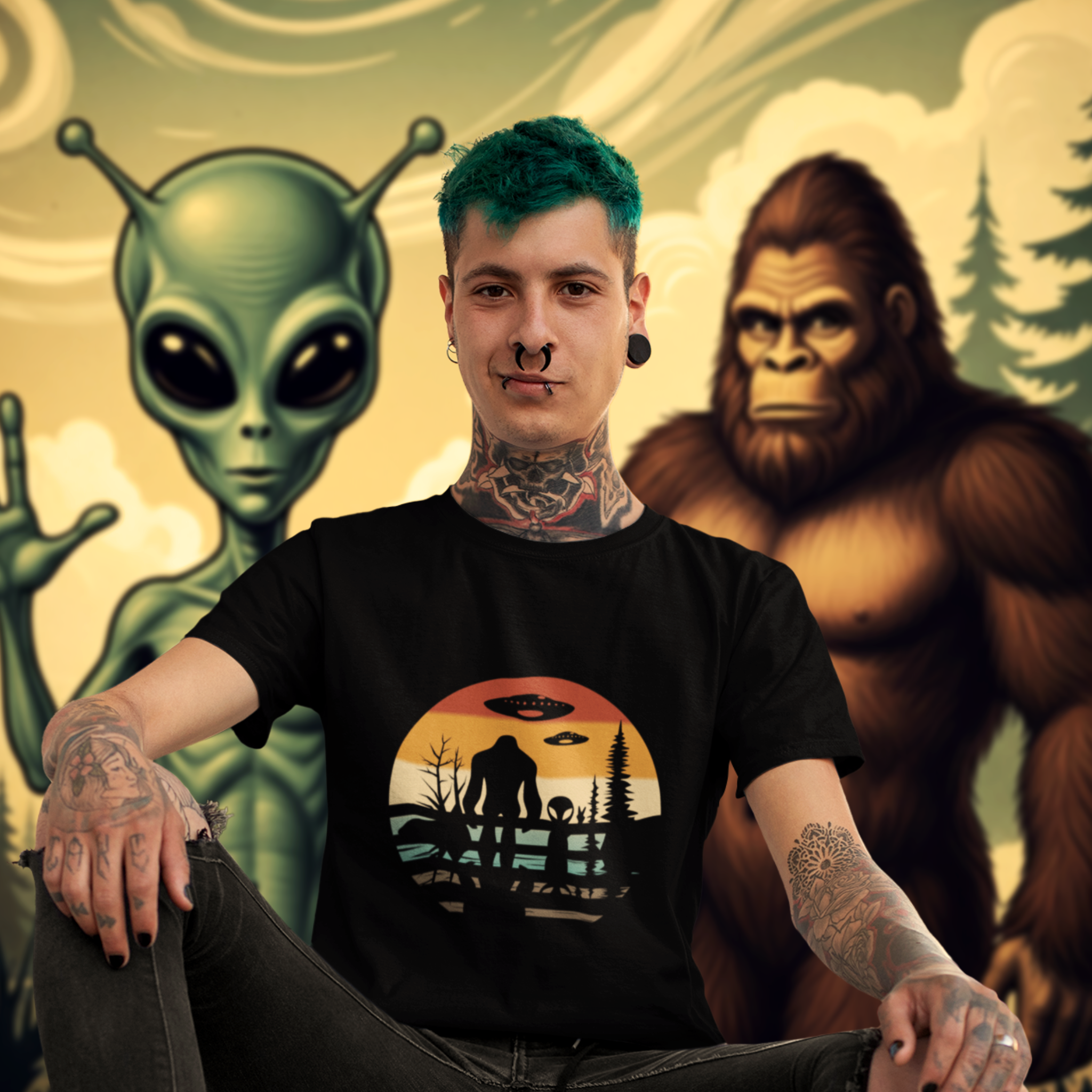 Alien & Bigfoot Vintage Sunset T-Shirt