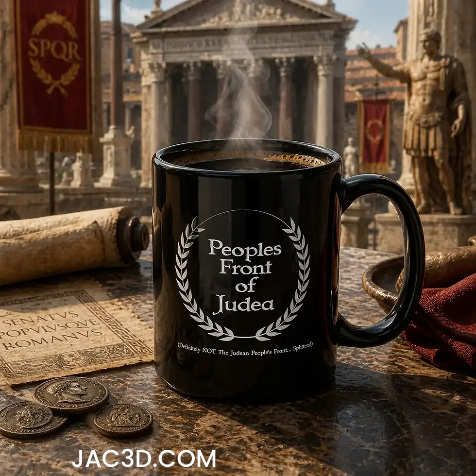 Black ceramic coffee mug with “Peoples Front of Judea” laurel design on a stone table in an ancient Roman setting with steami