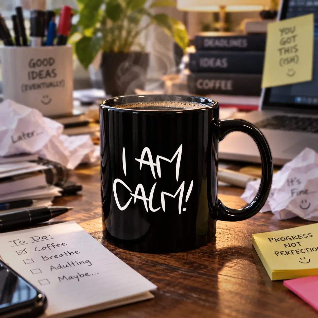 I am calm black ceramic mug on chaotic desk