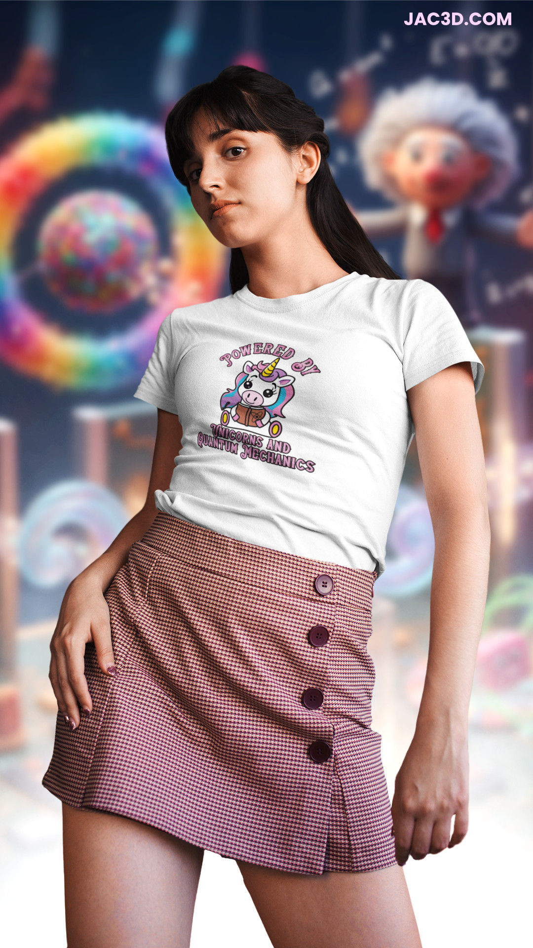 Cute unicorn t-shirt design reading “Powered by Unicorns and Quantum Mechanics” with a unicorn holding a science book