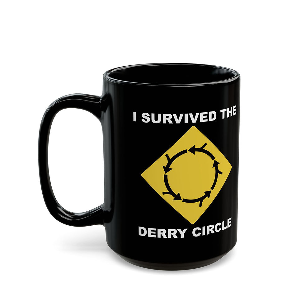 Thumbnail: ‘I Survived the Derry Circle’ Black ceramic mug with a yellow caution roundabout sign left view