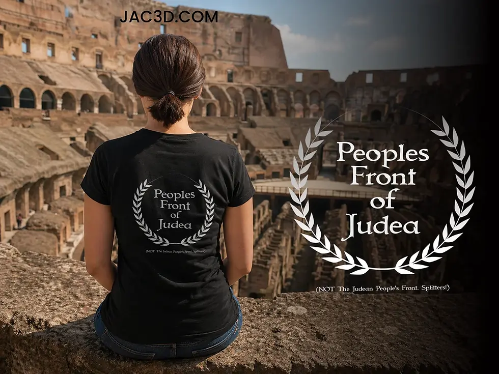 Woman wearing black “Peoples Front of Judea” t-shirt sitting in an empty Roman Colosseum with laurel crest design on back