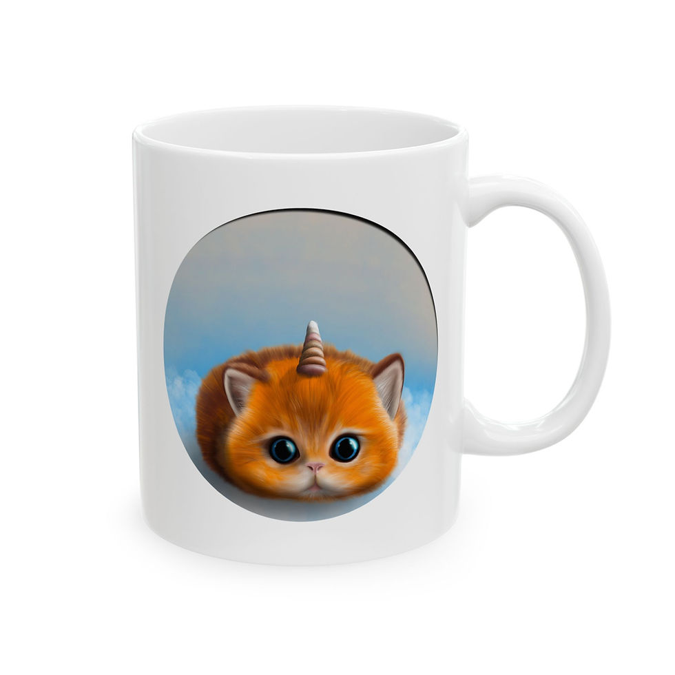 Thumbnail: White ceramic mug with an adorable orange unicorn kitten resting on a cloud right view