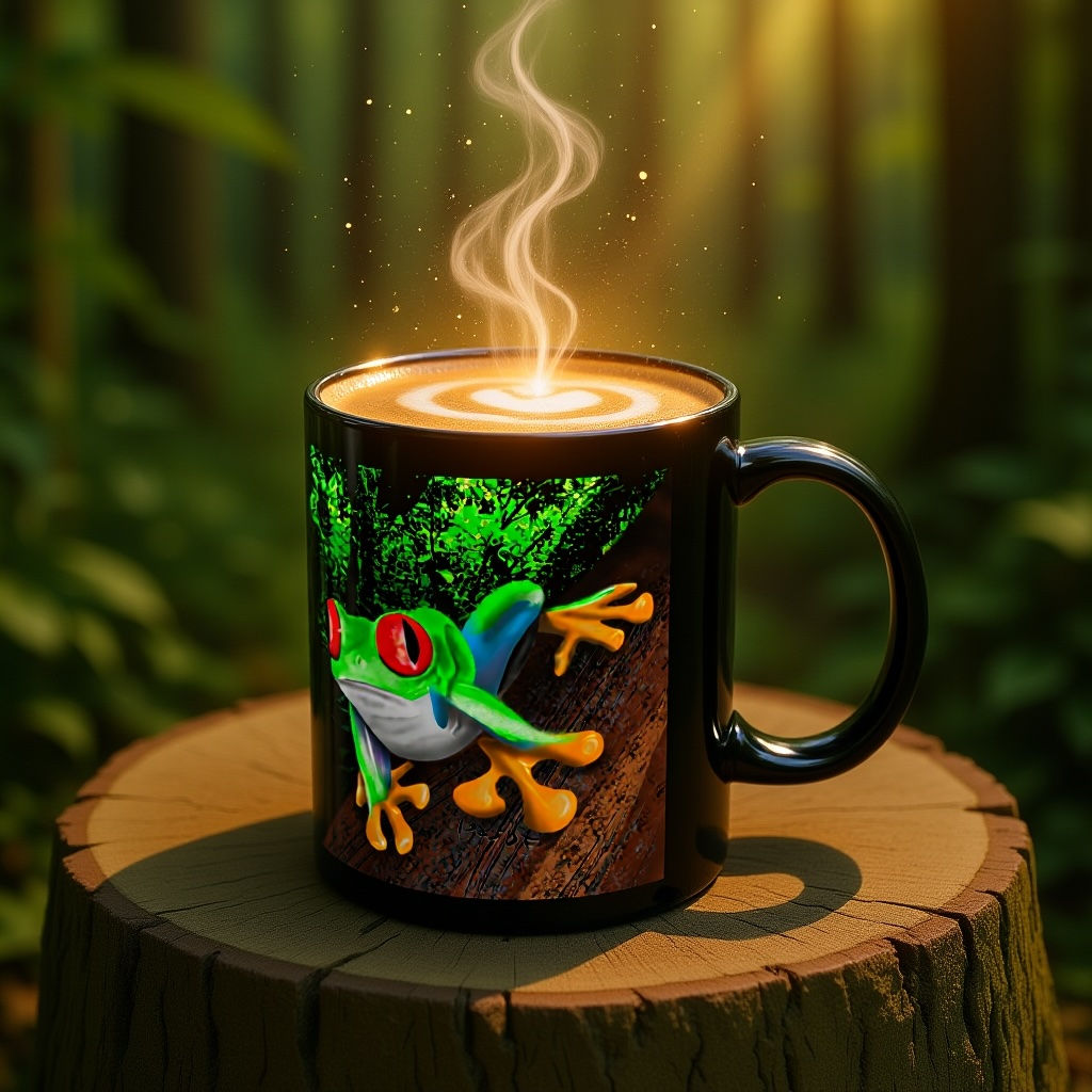 Black ceramic mug featuring a vibrant illustration of a red-eyed tree frog.
