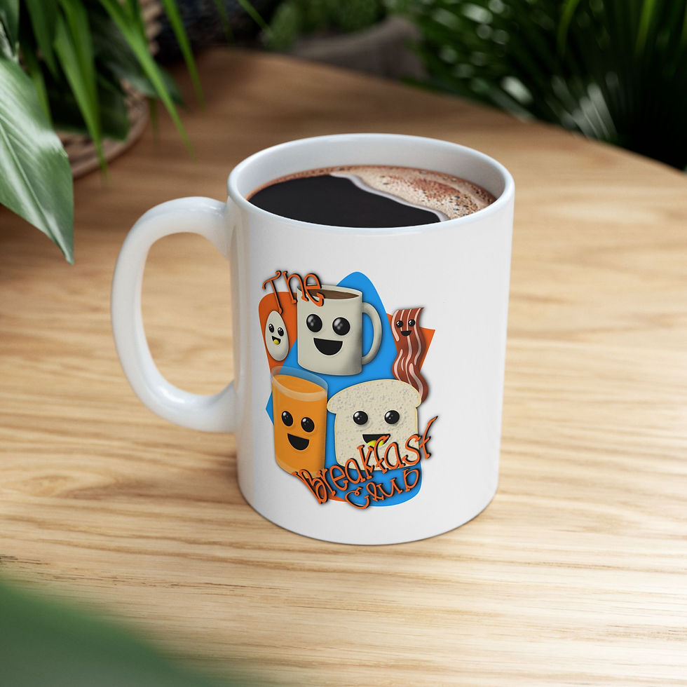 Thumbnail: White ceramic mug with kawaii-style cartoon breakfast characters simple table