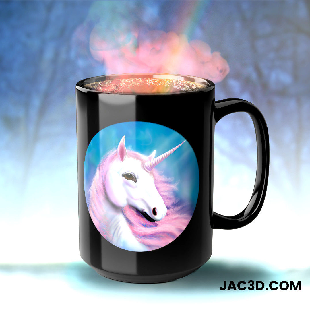 Magical White Unicorn Black Ceramic Mug right in a forest setting