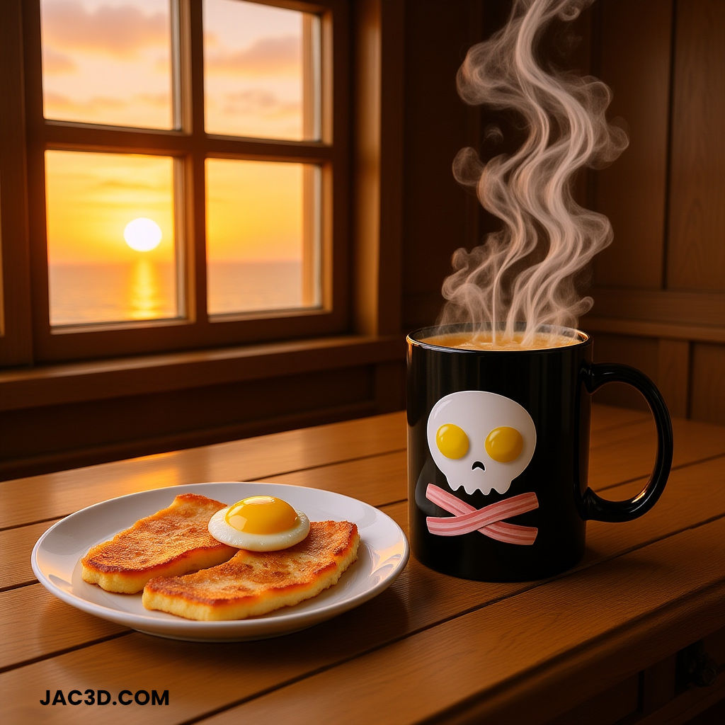 Black ceramic mug with a  skull-and-crossbones  made from eggs for eyes and bacon strips
