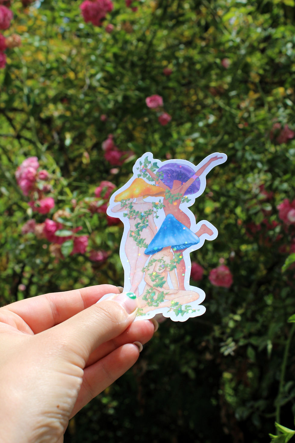 Miniature : Sticker trio de femmes champignons pailleté – Autocollant féerique nature