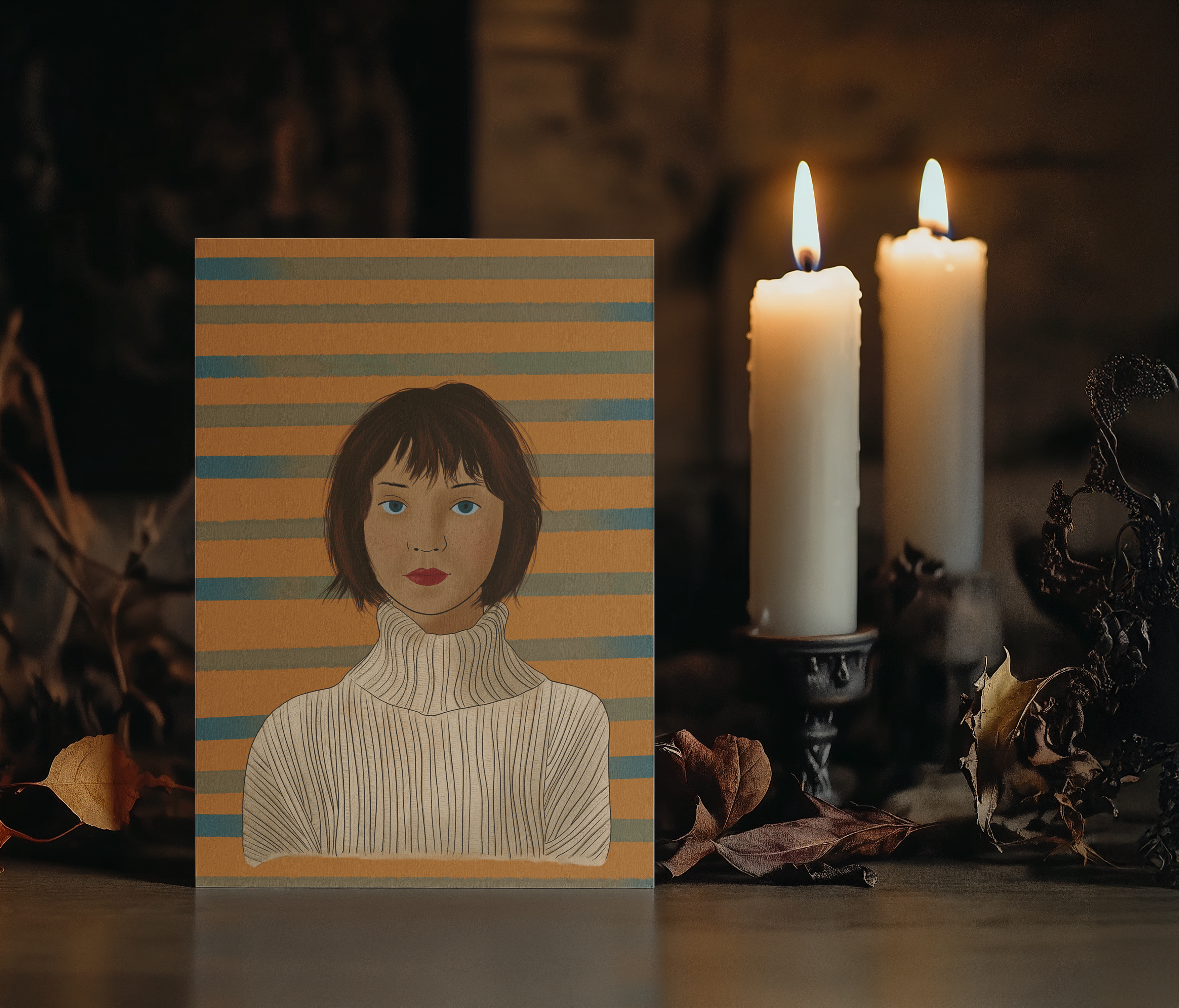 Illustration Blue Mood – portrait féminin à l’aquarelle, ambiance hivernale et poétique, carte imprimée en Bretagne