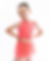 Dancer in coral two-piece with sheer center panel and chiffon skirted shorts.