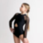 Black long-sleeve leotard with mock neck and front waist keyhole.