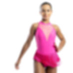 Dancer in hot pink mesh-V leotard with fringe hip skirt.