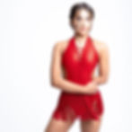Red halter leotard with side cutouts and fringe skirt on dancer.