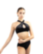 Model in black cross-halter top with keyhole and high-waist briefs.