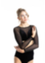Black long-sleeve mesh crop with velvet panels and high-waist briefs.