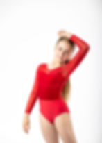 Red long-sleeve leotard with sheer sleeves and sweetheart bodice detailing.