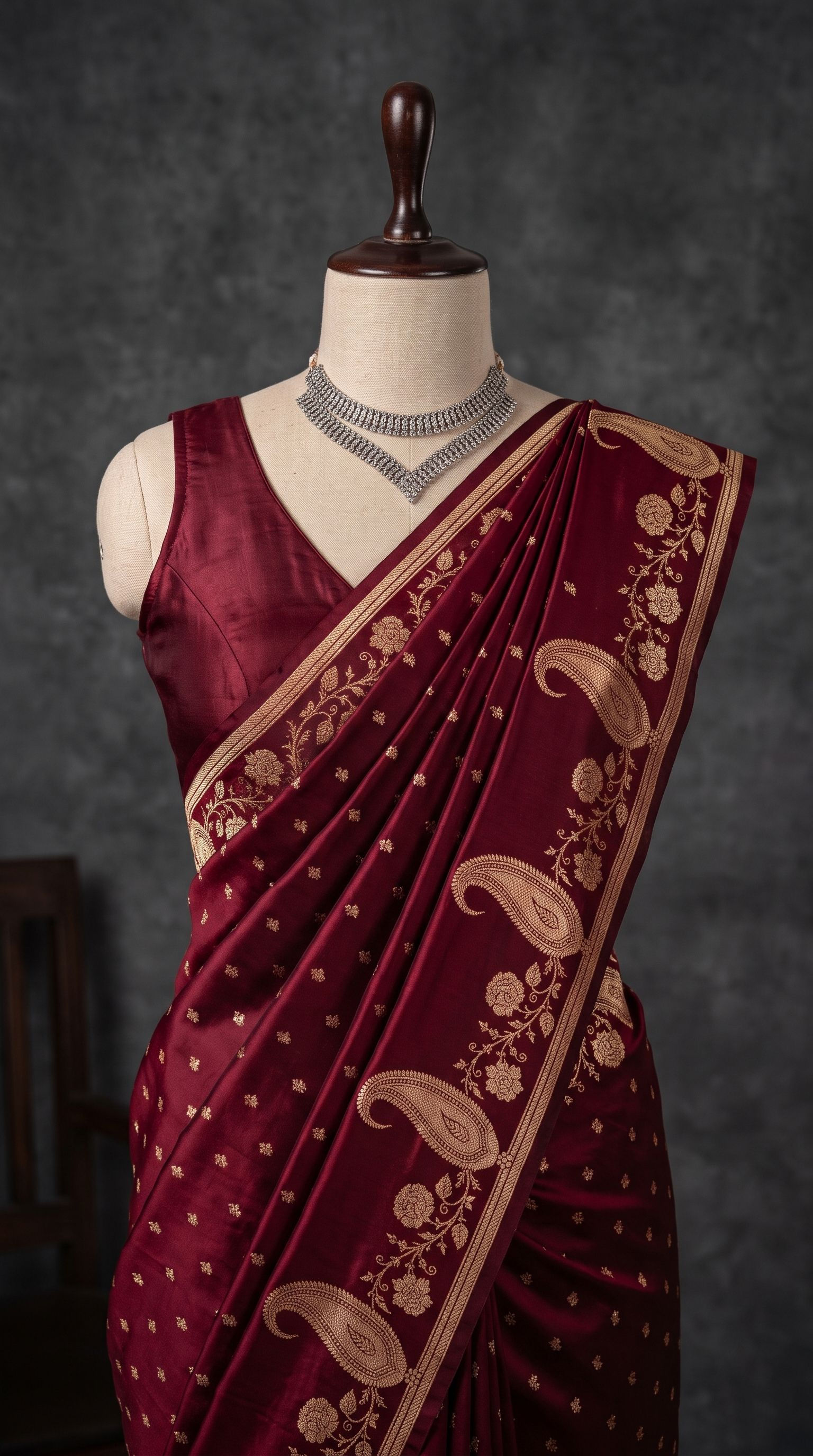 Oxblood Maroon Banarasi Silk Saree with Traditional Kalka Border