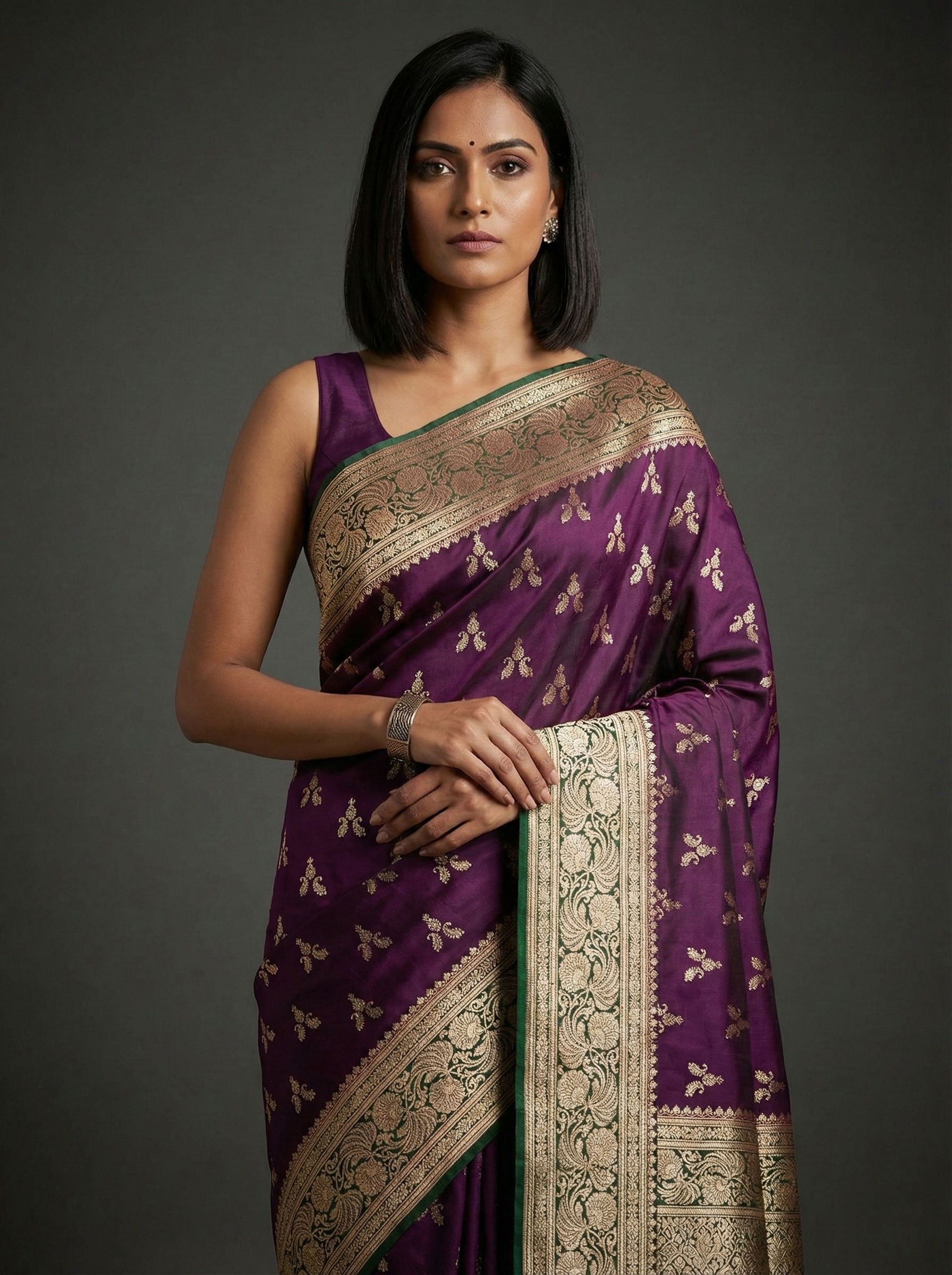 Banarasi silk saree with woven motifs in contrast border