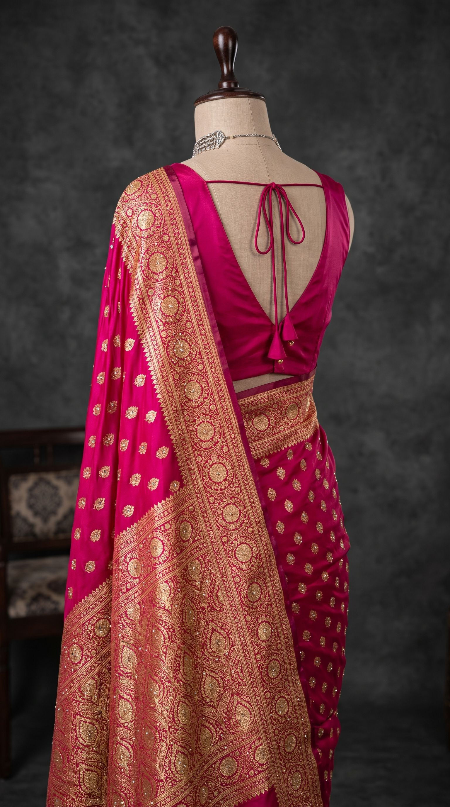 Gulabi Jharokha: Fuchsia Banarasi Saree with Swarovski-Gilded Teardrop Pallu