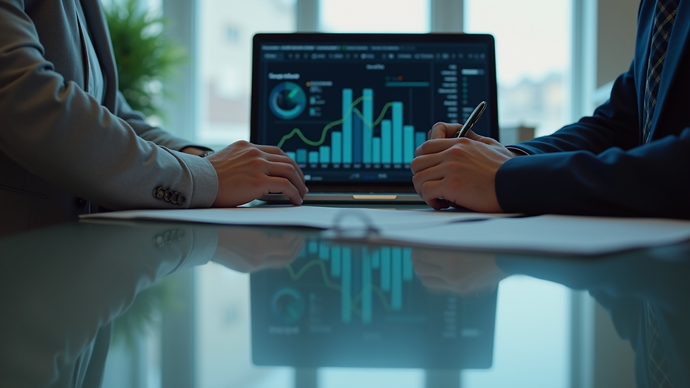 Close-up view of business meeting with KPI discussion on laptop screen