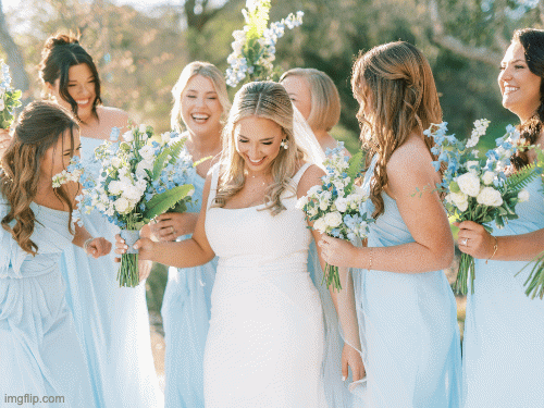 Gif of three photos showing a bride and bridesmaids dressed in bright blue, laughing together at a spring wedding at Posey Meadows, a white barn wedding venue in San Marcos, Texas