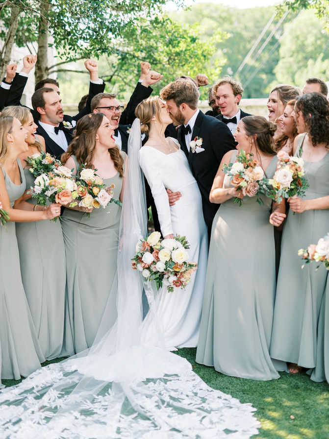 Bridal party portrait with sage green dresses at Briscoe Manor wedding venue