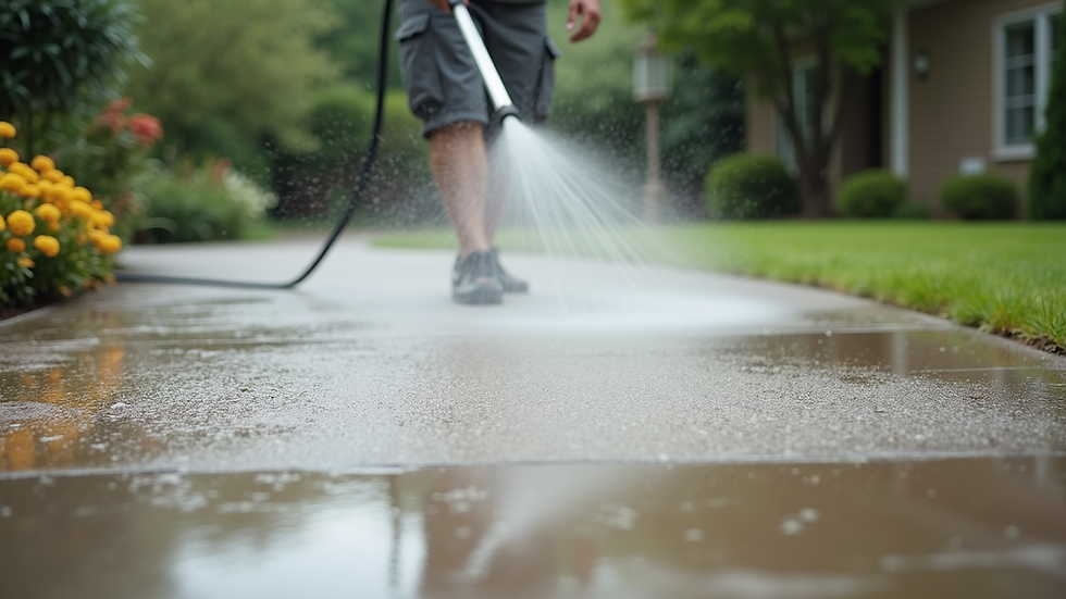 Close-up view of a concrete driveway being pressure washed to remove stains