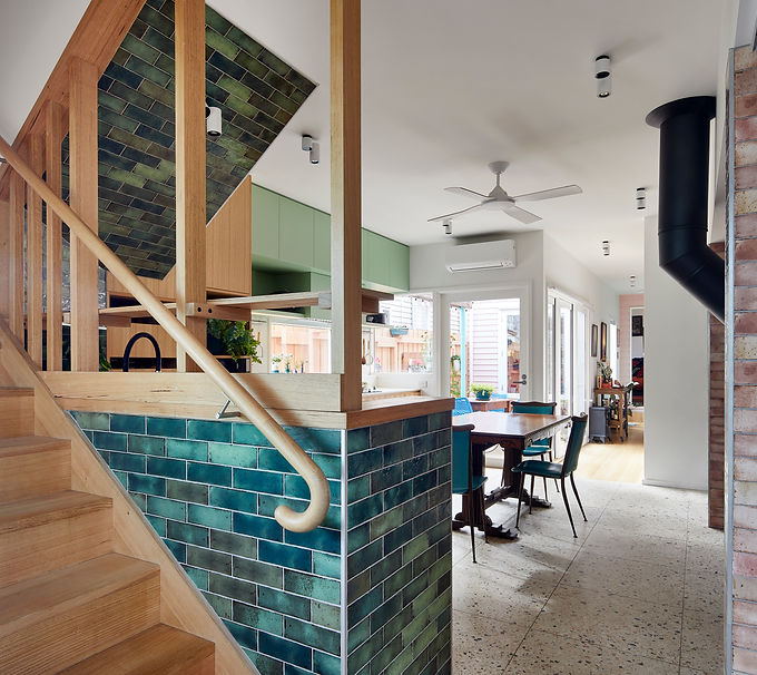 Interior of a newly renovated home living and kitchen space in Northcote, Melbourne Victoria by OOF!Architecture. Structural Engineering by PD Structures
