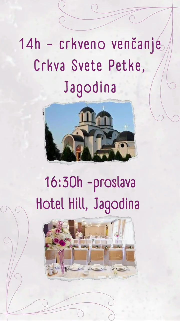 Online pozivnica za venčanje u ljubičastim nijansama sa prikazom crkve i restorana