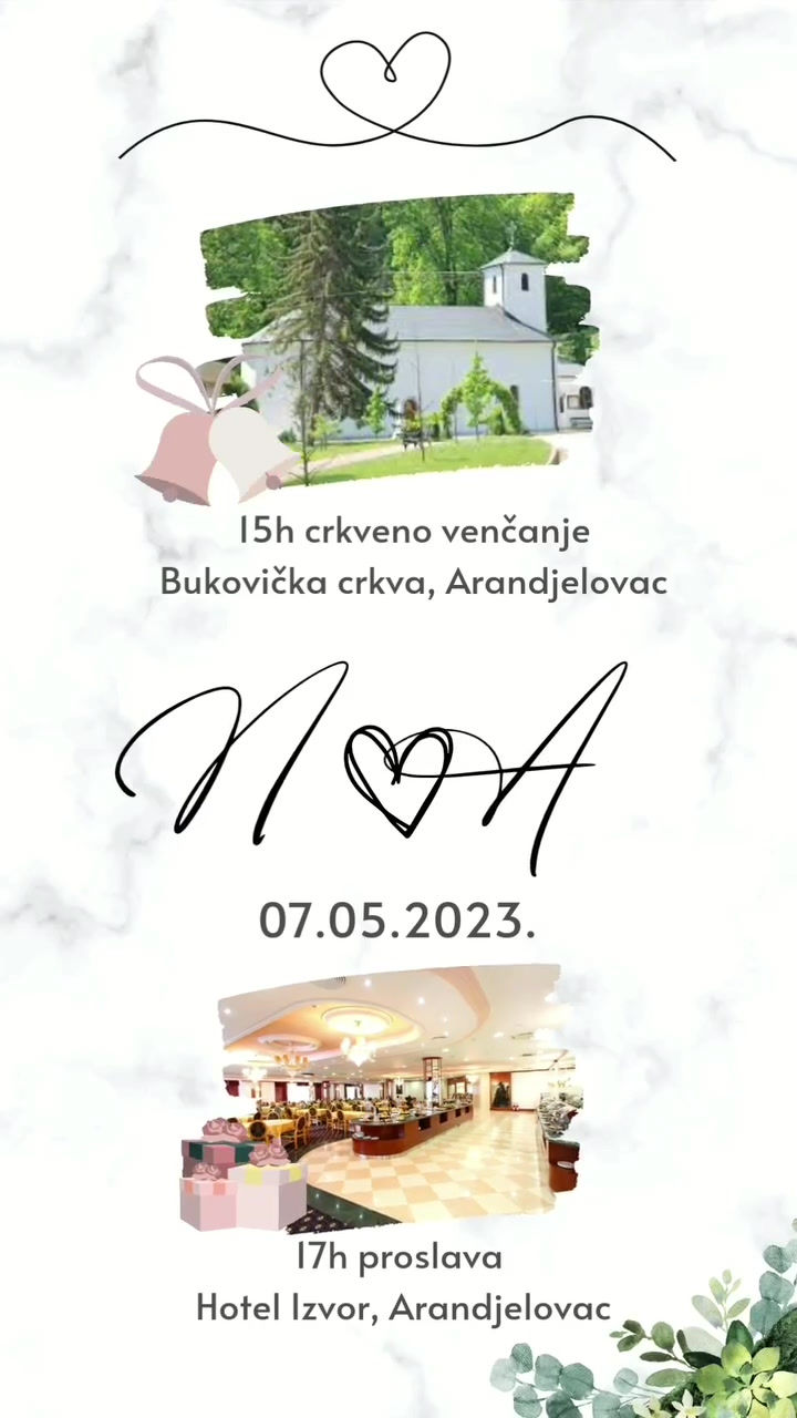 Pozivnica za venčanje u belo - sivim nijansama sa inicijalima i slikama mladenaca