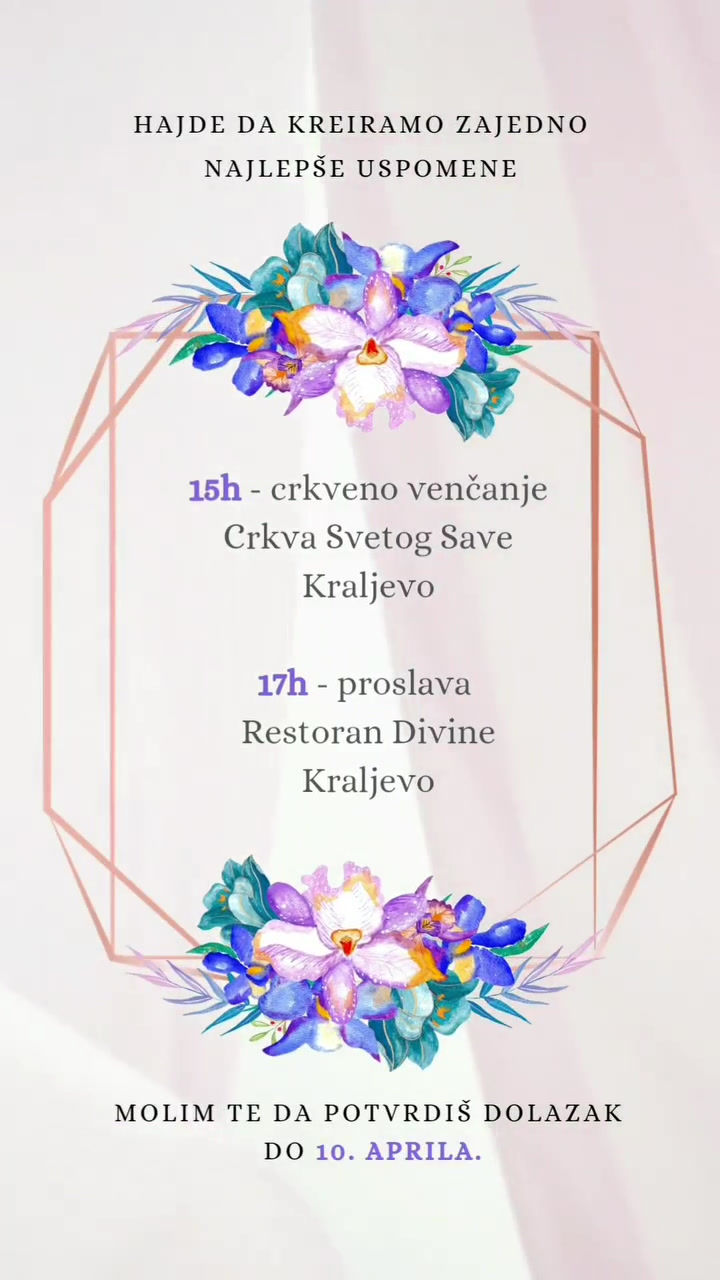 Unikatna pozivnica za venčanje u ljubičastim i belim nijansama sa plaštom koji se viori u pozadini