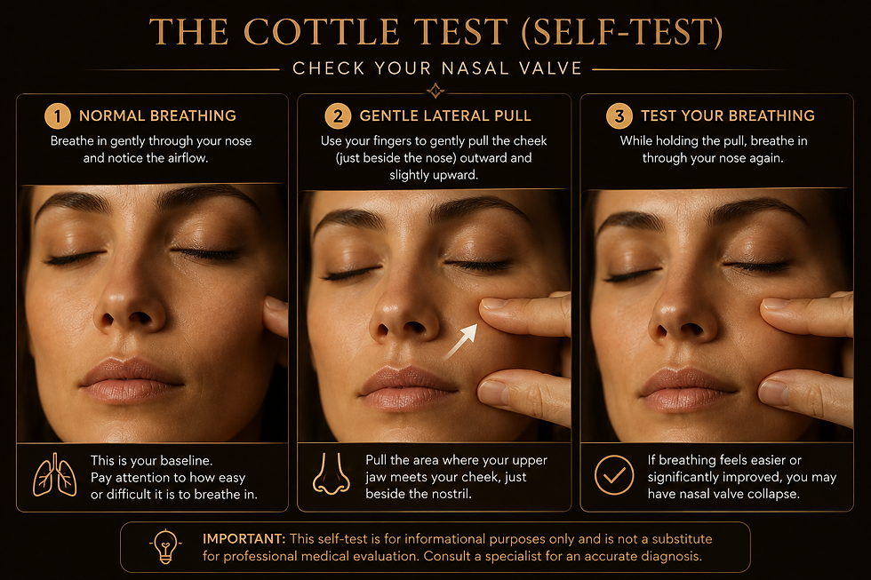 Three-step illustration of the Cottle test — a self-test for nasal valve collapse using gentle cheek traction to check nasal airflow