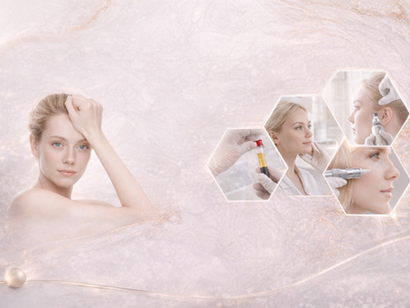 Non-surgical facial rejuvenation concept showing natural beauty portrait with PRP, microneedling, and aesthetic procedures on soft beige luxury background