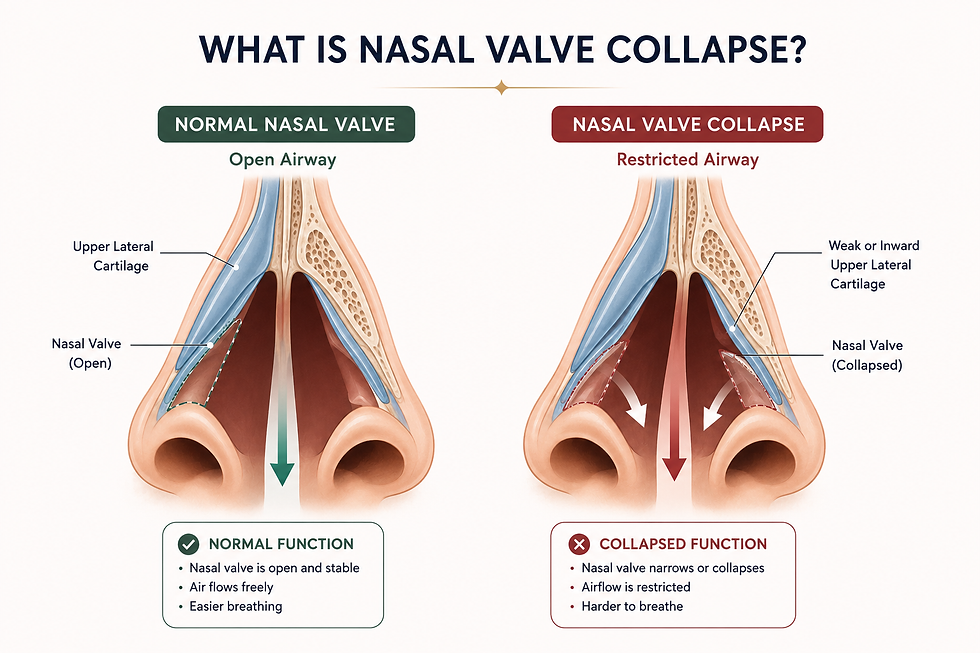 Diagram comparing normal open nasal valve airflow versus nasal valve collapse with restricted airflow