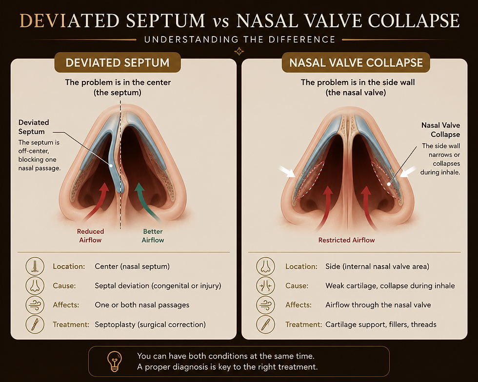Diagram comparing deviated septum and nasal valve collapse — location, cause, and treatment differences