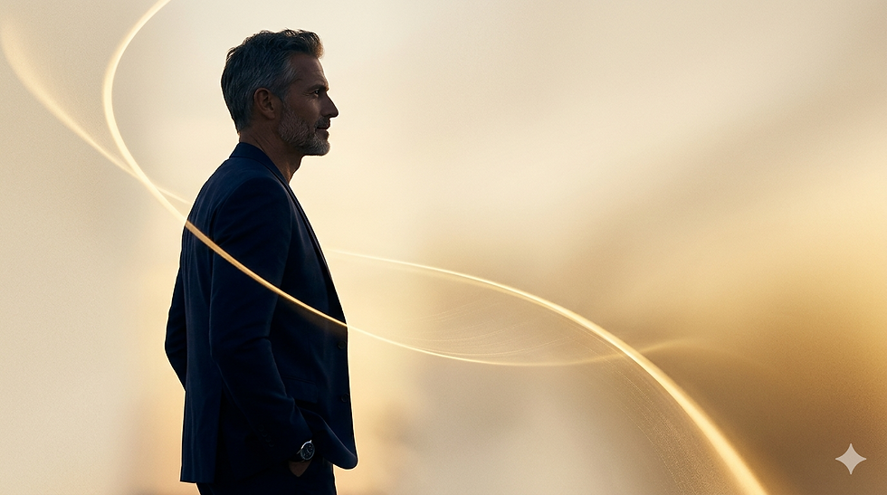 Confident mature man in his 50s standing in profile against a warm beige background with a golden light curve, symbolizing vitality, sophistication, and renewed confidence after 40 — Antonoff Aesthetic EdgeTox men's wellness.