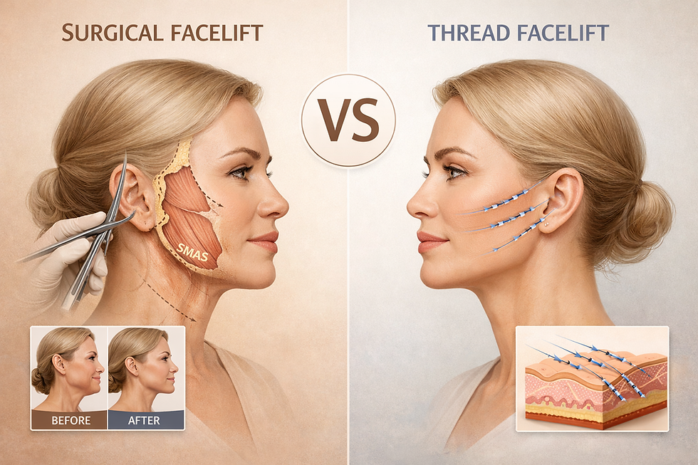 Medical illustration comparing surgical facelift and thread facelift: left side shows a surgical facelift with SMAS layer exposure and incision behind the ear, while the right side shows a thread facelift with lifting threads placed under the skin to elevate facial tissue.