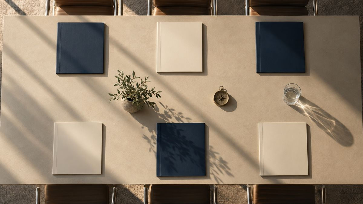Overhead view of a long table set with navy and cream folders and a small plant