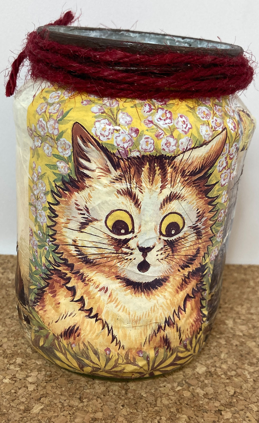 recycled decoupaged glass jar historical nautical theme with crazy cat
