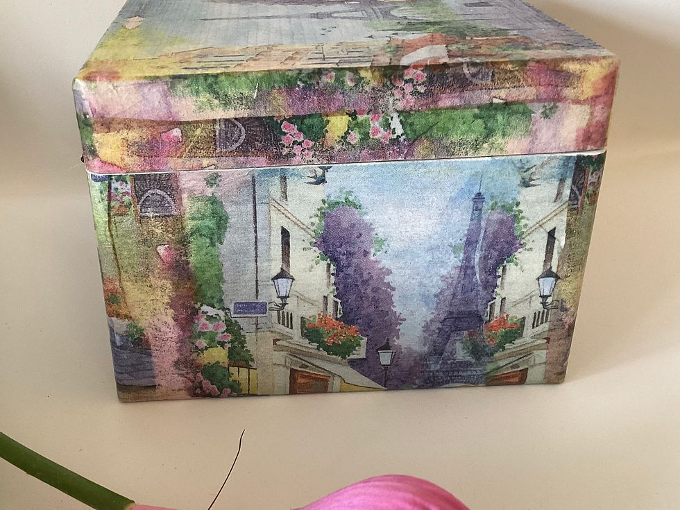 Decoupaged box romantic Eiffel tower cafe scene